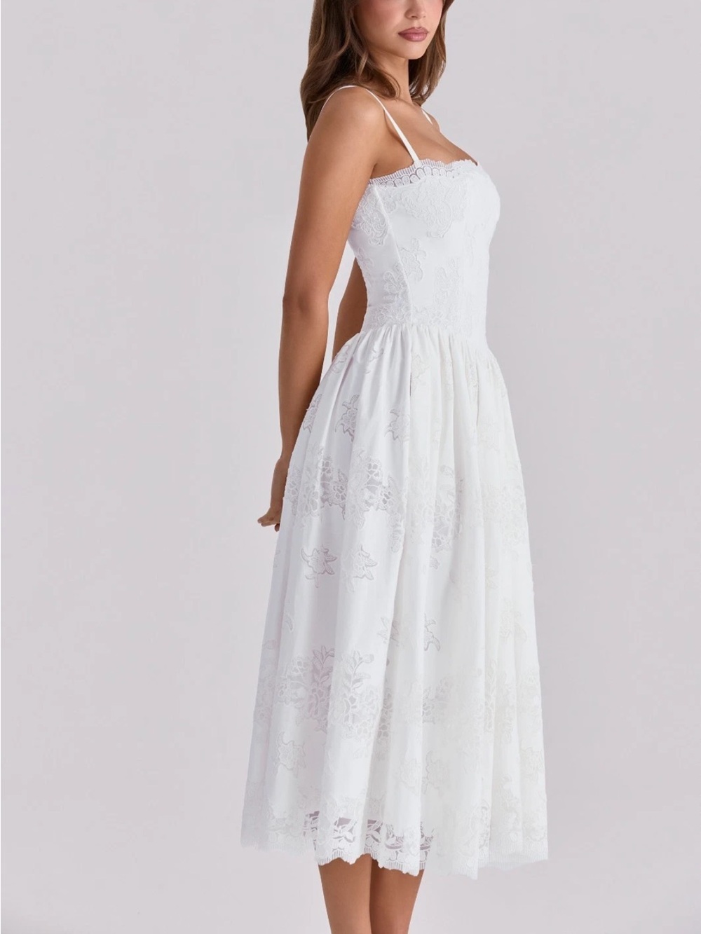 House of CB Chloe White custom Lace + cotton Midi Dress